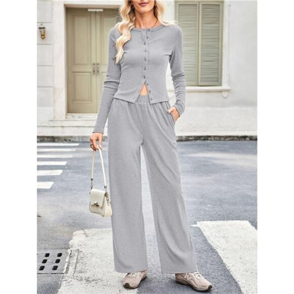 Button-Up Top & Wide Leg Pants Set - Picture 3 of 6